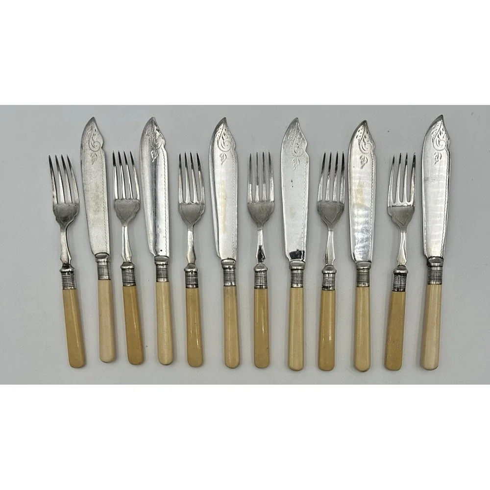 Vintage Silver Plate Fish‎ Knife & Fork Set 12 Piece Ivory Celluloid Handles